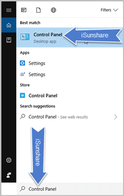 type control panel in windows search bar