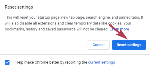 click Chrome reset settings button