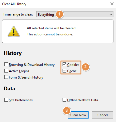 clear cookies and cache in Firefox