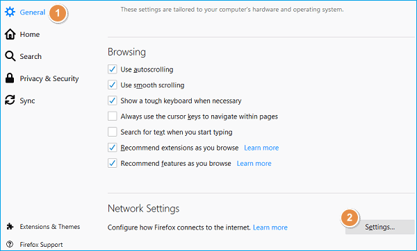 Firefox network settings