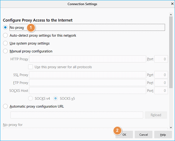 Firefox no proxy setting