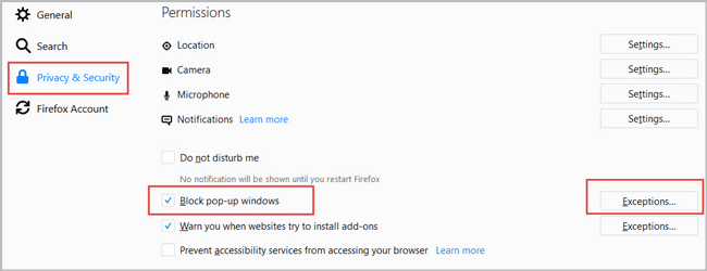 block pop up windows in privacy security