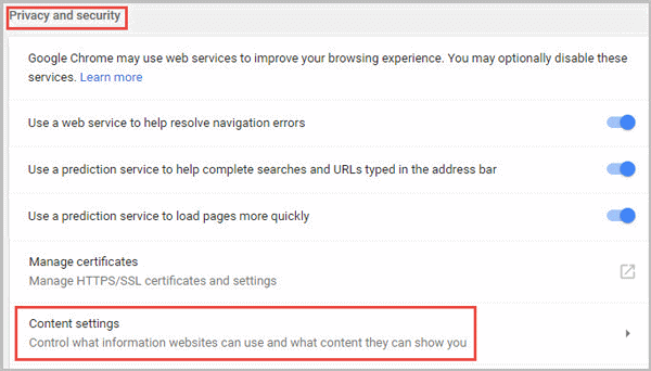 click content settings under privacy and security