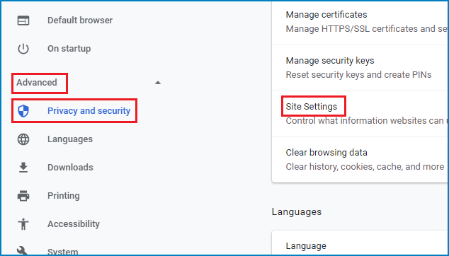 click site settings under privacy and security