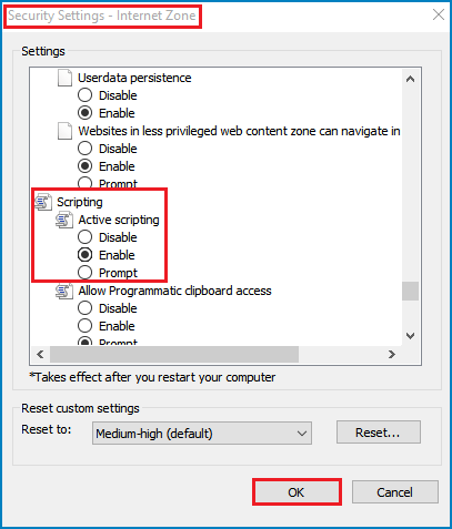 enable javascript in security settings internet zone