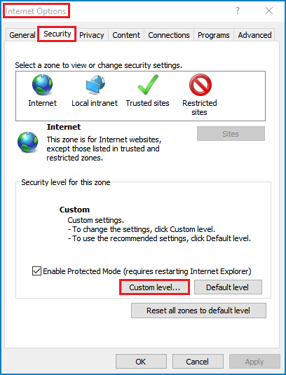 select custom level under security tab