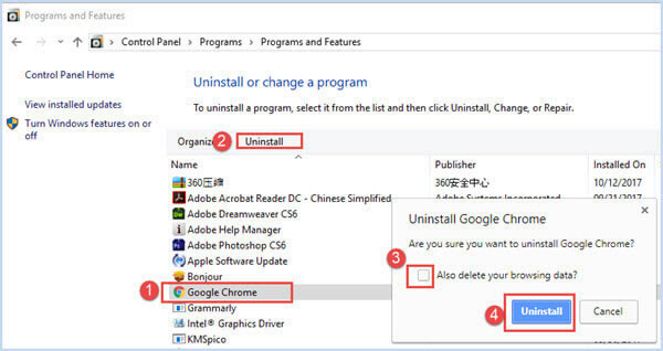 uninstall google chrome in control panel