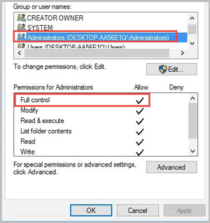allow full control for administrator