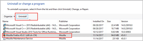 uninstall mozilla firefox throurh control panel