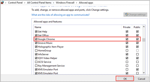 check the google chrome checkbox in firewall