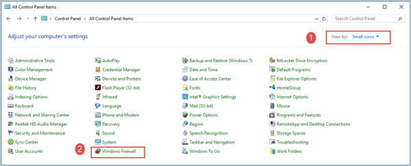 choose windows firewall in the control panel