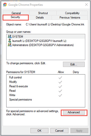 go to security tab to select advanced