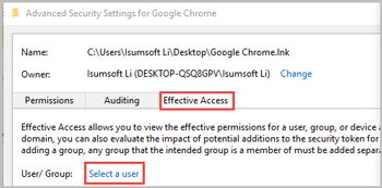 select user in effective access tab