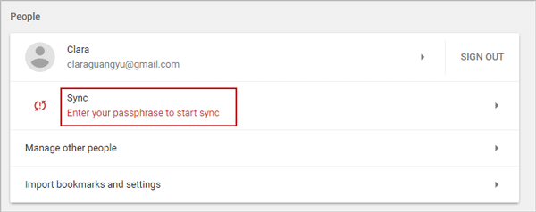 enter passphrase to start sync in chrome