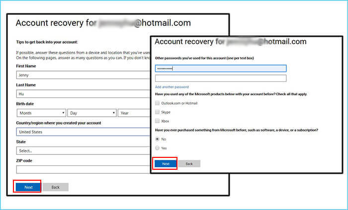  enter infor about account recovery for Hotmail