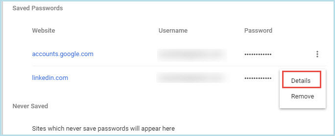 saved password details