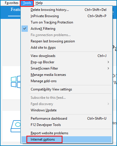 select internet options in tool menu