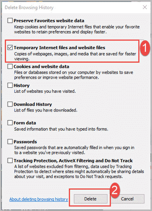 select emporary internet files and website files