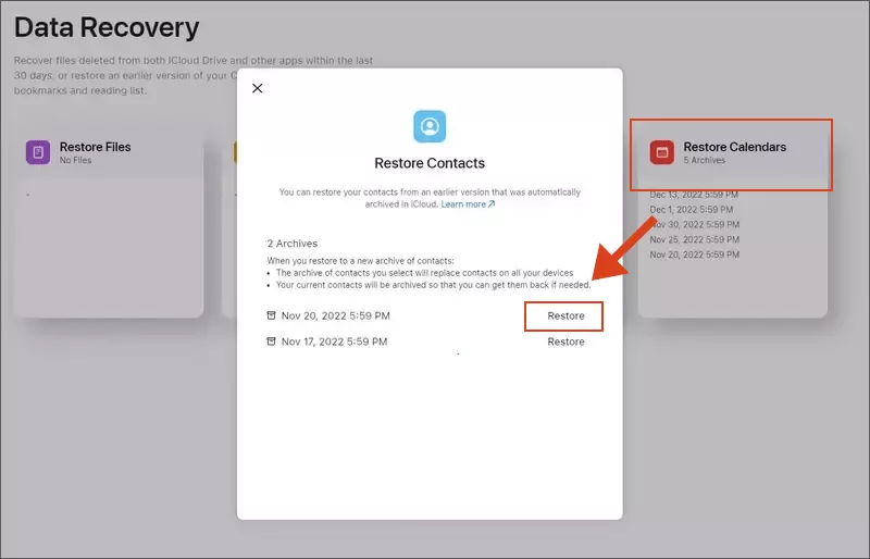 choose Contacts to restore