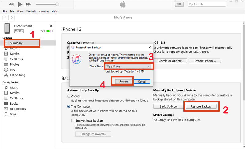 recover iPhone deleted files from backup with iTunes