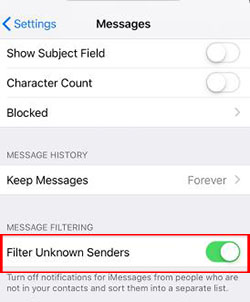 block spam message and filter unknown senders