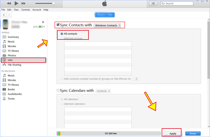 save iPhone contacts to PC via iTunes
