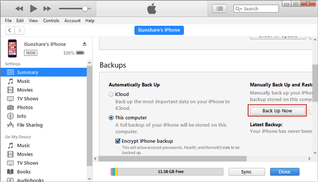 back up iphone in itunes