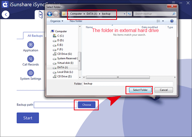 set backup location to external hard drive