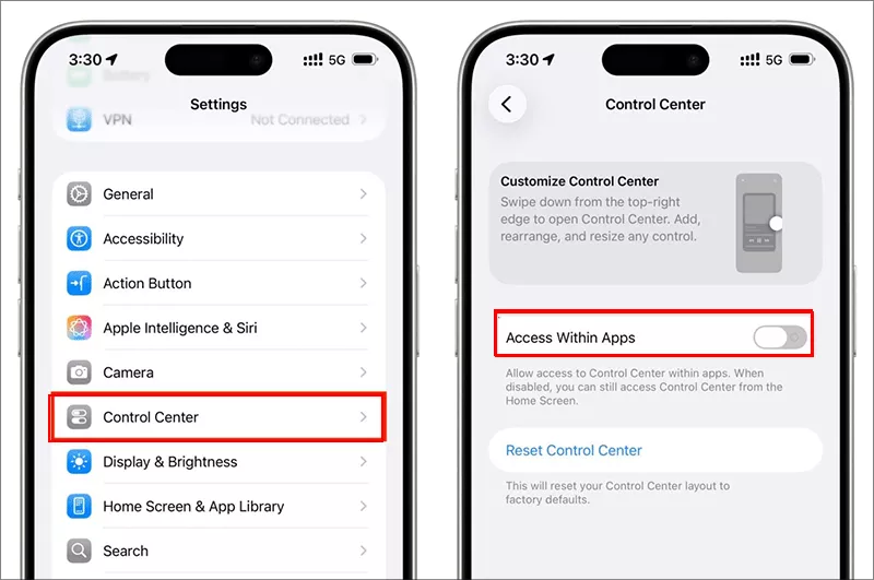 access within apps settings for control center
