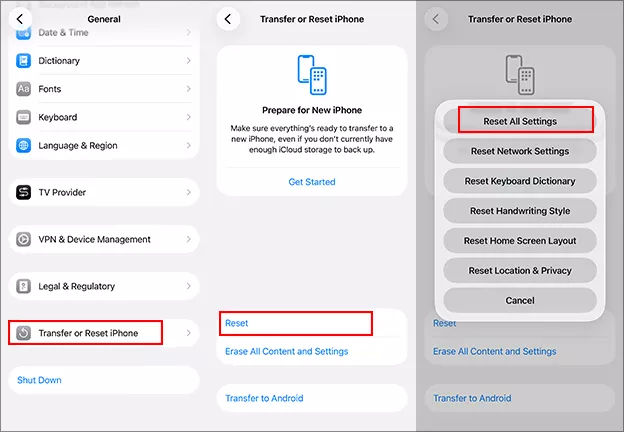 reset all settings on iPhone
