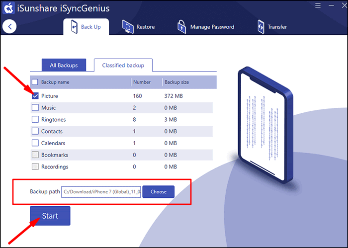 tap start option to start backing up picture