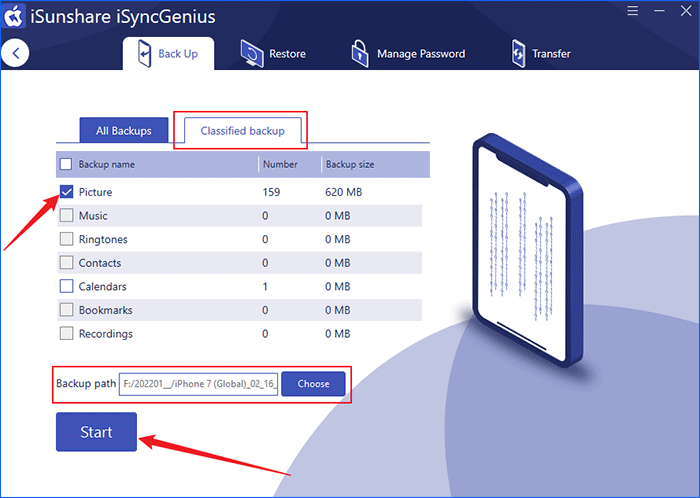 start to backup pictures to PC from iPhone