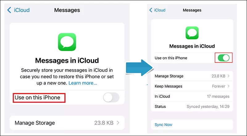 Turn on Messages Sync to iCloud