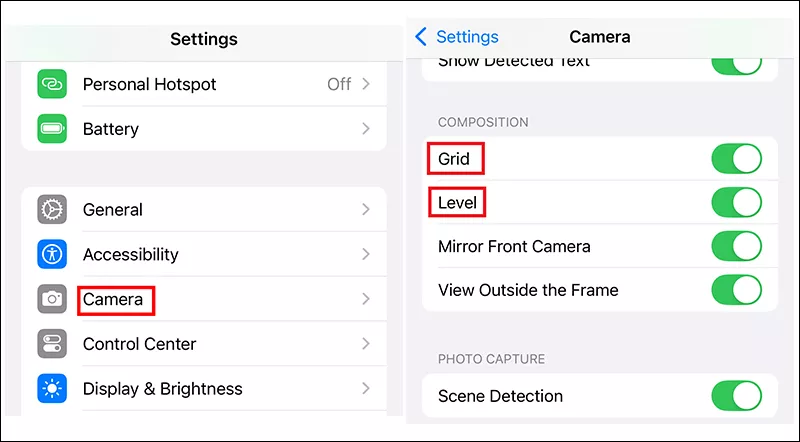 Turn on Grid and Level iPhone