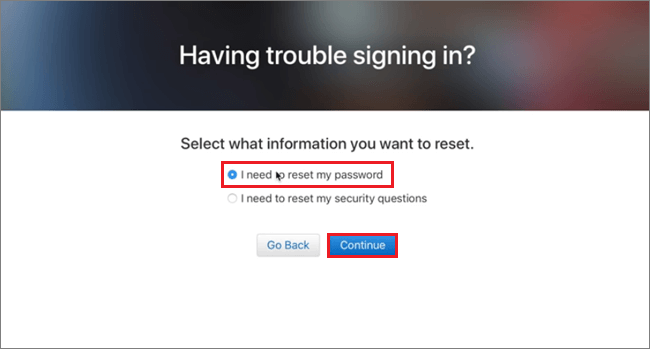 select i need to reset my password