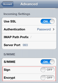 turn on Sign and Encrypt on S/MIME for email account