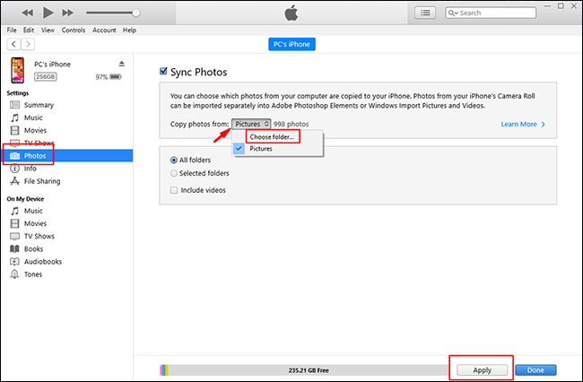 sync photos from itunes to iphone