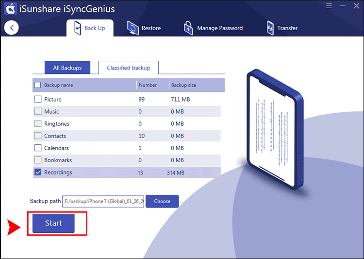 click Start to transfer memos