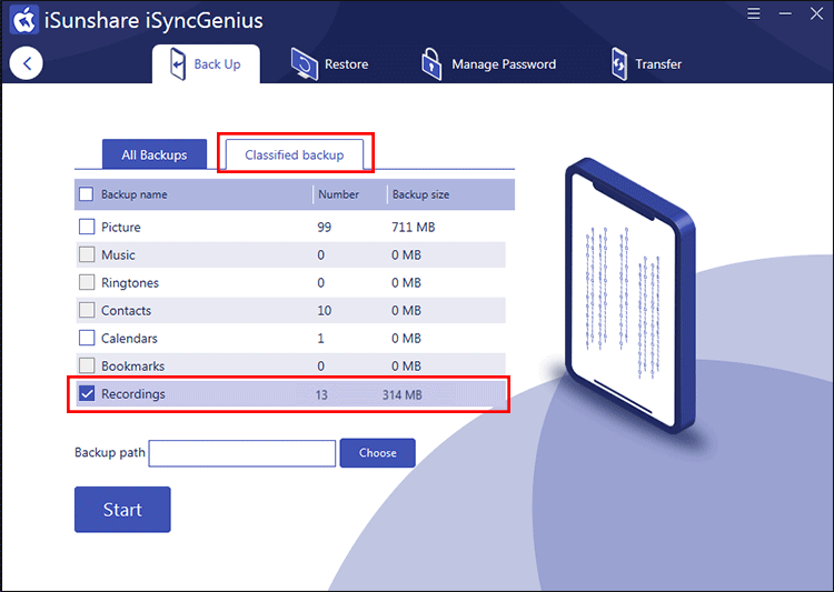 select recording under classified backup