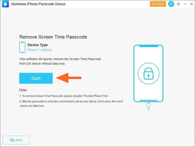 hit start in remove screen time passcode screen