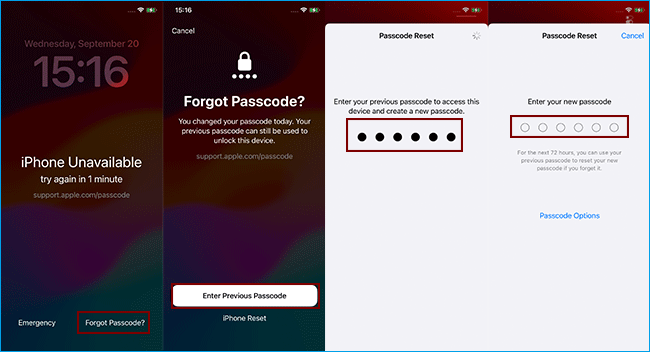 enter previous passcode to reset screen passcode