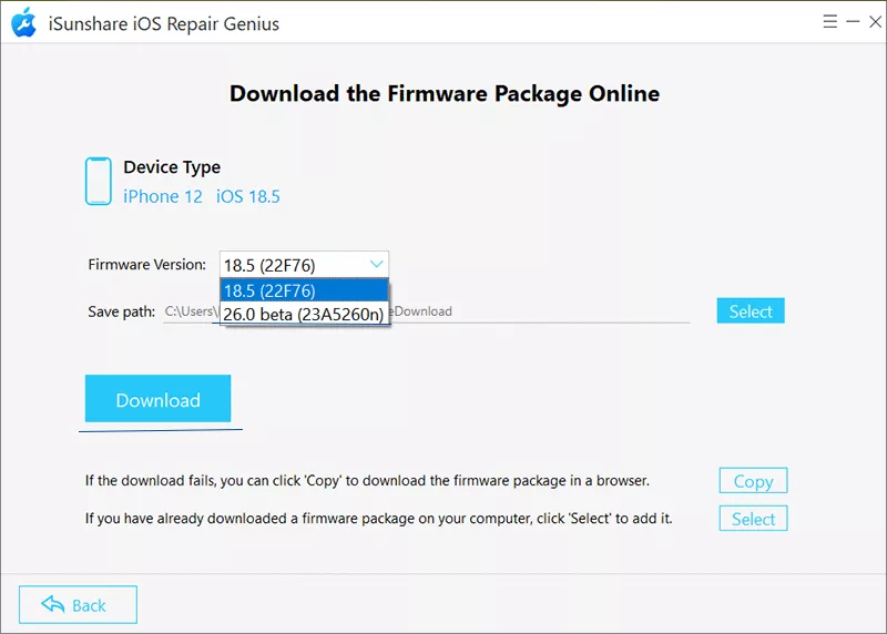 choose firmware version to download