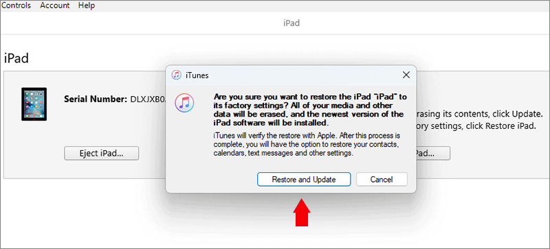 click Restore and Update on iTunes prompt