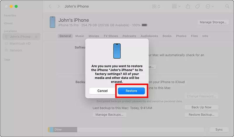 restore iPhone via Finder