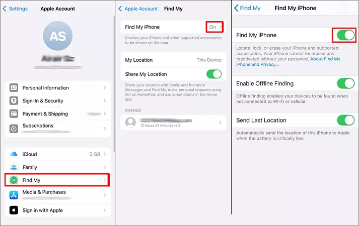 toggle off Find My iPhone