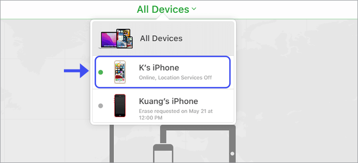 choose your iPhone from all devices menu