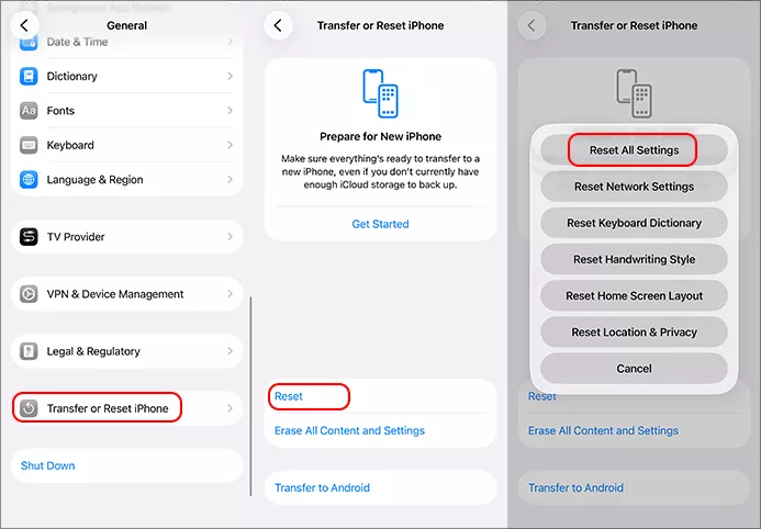 reset all settings in iPhone