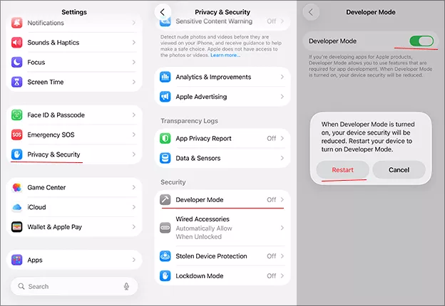 enable developer mode on iPhone