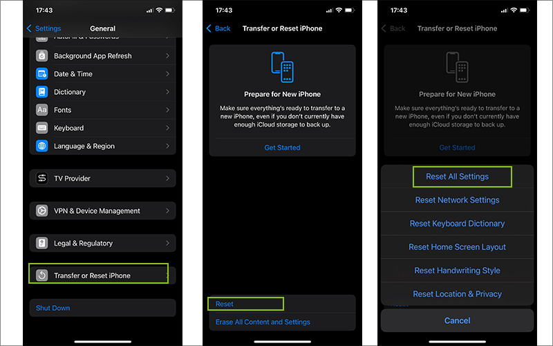 reset all settings on iphone