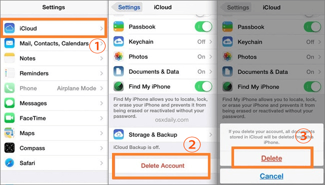 delete icloud account on iphone with password